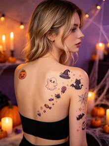 4PCS Halloween Large Edition Cute & Adorable Tattoo Stickers, Low-Terror Funny Edition: Ghosts, Bats, Spiders, Candies, Black Cats, Etc. Waterproof & Long-Lasting, Perfect Halloween Gift For Friends - Multicolor - View 6