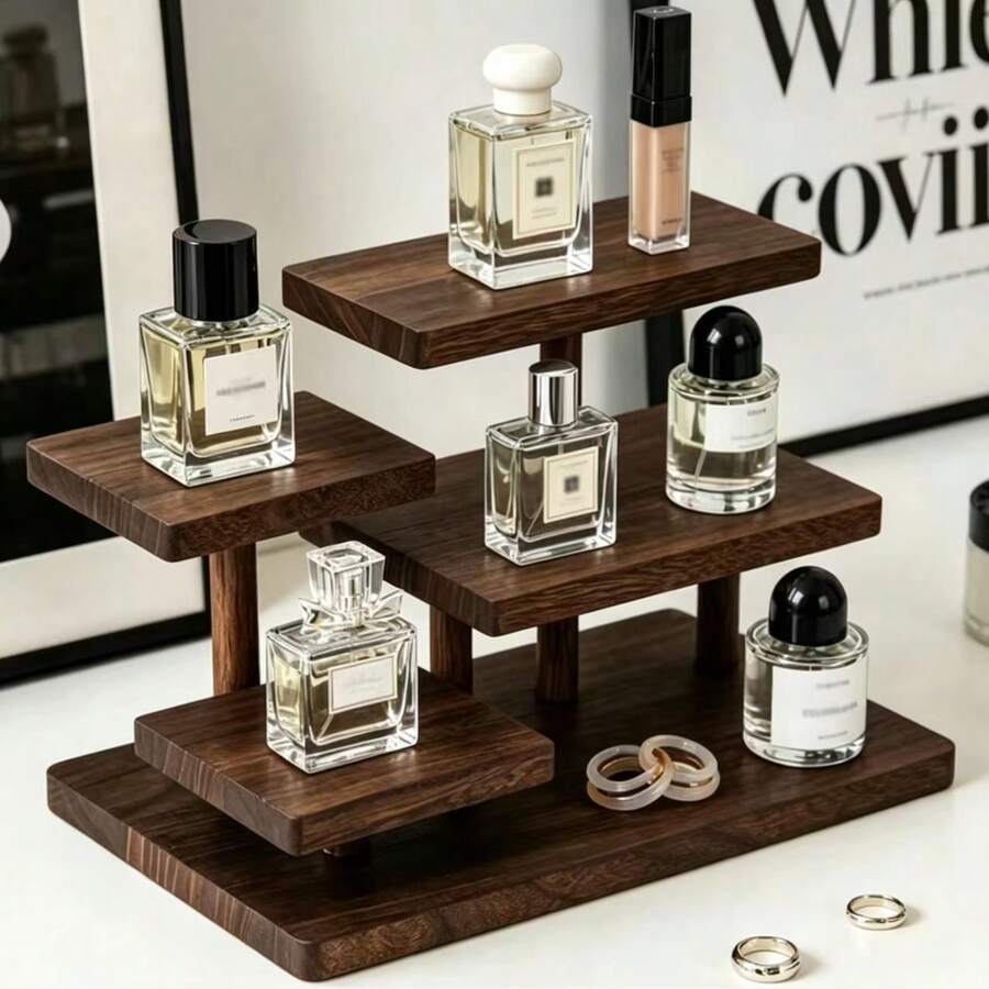 1pc Ins Minimalist Walnut Wood Asymmetrical Tiered Perfume Display Stand, Smooth Bur-Free Craftsmanship, Desktop Storage Rack, Holiday Gift Decor, Coffee Corner Decoration/Summer Home Refresh, Layered Storage Space-Saving - View 1
