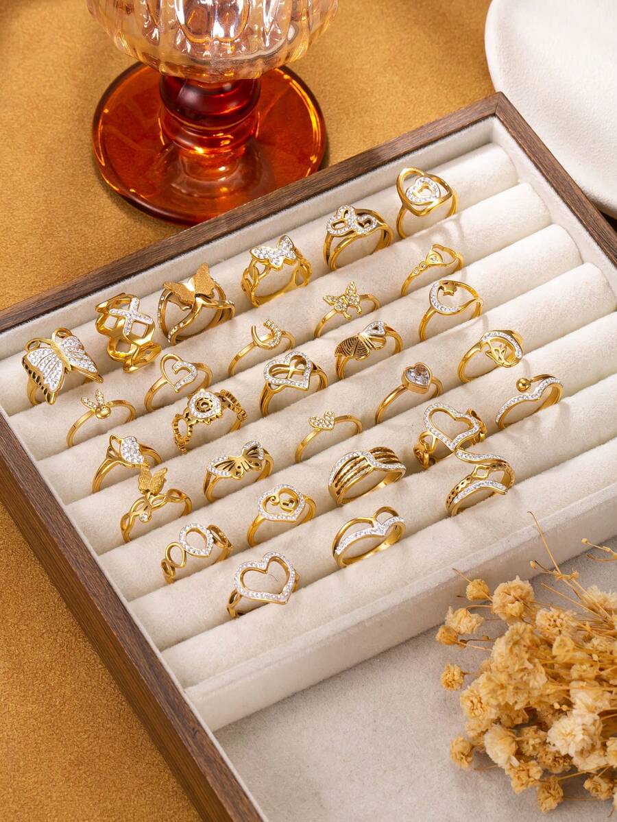 3/6/10/15/20/30pcs European And American Luxury Style Stainless Steel Gold Ring Set, Rhinestone Heart And Butterfly Design, Suitable For Women's Daily, Holiday, Date, Engagement, Wedding Wear - Gold - View 1