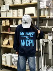 Cool Fashion Navy Blue Versatile Letter Print Casual Loose Crew Neck Sweatshirt Top - Navy Blue - View 1