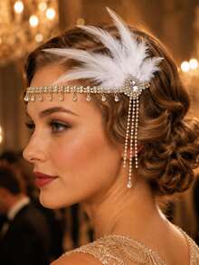 1pc Vintage 1920s Flapper Feather Headband, Long Rhinestone Tassel Gatsby Women's Evening Party Headpiece - Rhinestones - View 3