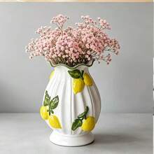 1pc 3D Lemon Embossed Ceramic Vase, White Wavy Edge, Decorative Vase, Home Tabletop Centerpiece - Multi-color - View 2