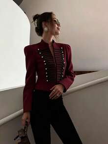 Autumn Winter New Fashion Court Style Coats Leisure Long Sleeve Jackets For Woman Elegant Double Breasted Burgundy Jackets Napoleon Style Jacket - Burgundy - View 7