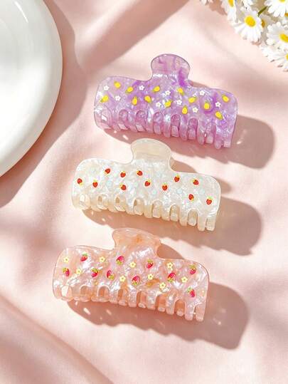 1pc Fresh Fruit Print Pearlescent Shark Hair Claw Clip, Sweet Updo Hair Accessory For Women