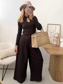 Women's Polo Collar Hollow Metal Decor Ribbed Knit Top, Long Sleeve Slim Fit Pullover Elegant Sweater For Autumn - Brown - View 3