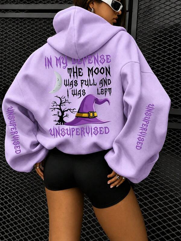 Halloween Letter Witch Hat Print Sweatshirt, Plus Size Women's Casual Autumn/Winter Long Sleeve Pocket Hooded Sweatshirt, Suitable For Winter Holiday Outfits, Beach Outfits, Vacation Outfits, Autumn Outfits, Halloween Outfits, Christmas Outfits, New Year Outfits. Suitable For Daily Wear, Going Out Tops, Outings, Holidays, Beach, Parties, Birthdays, Beach, School, Music Festivals, Vacations, Commuting, Fitness, Weddings, New Year, Winter Tops, Women's Autumn Outfits, Women's Holiday Clothing