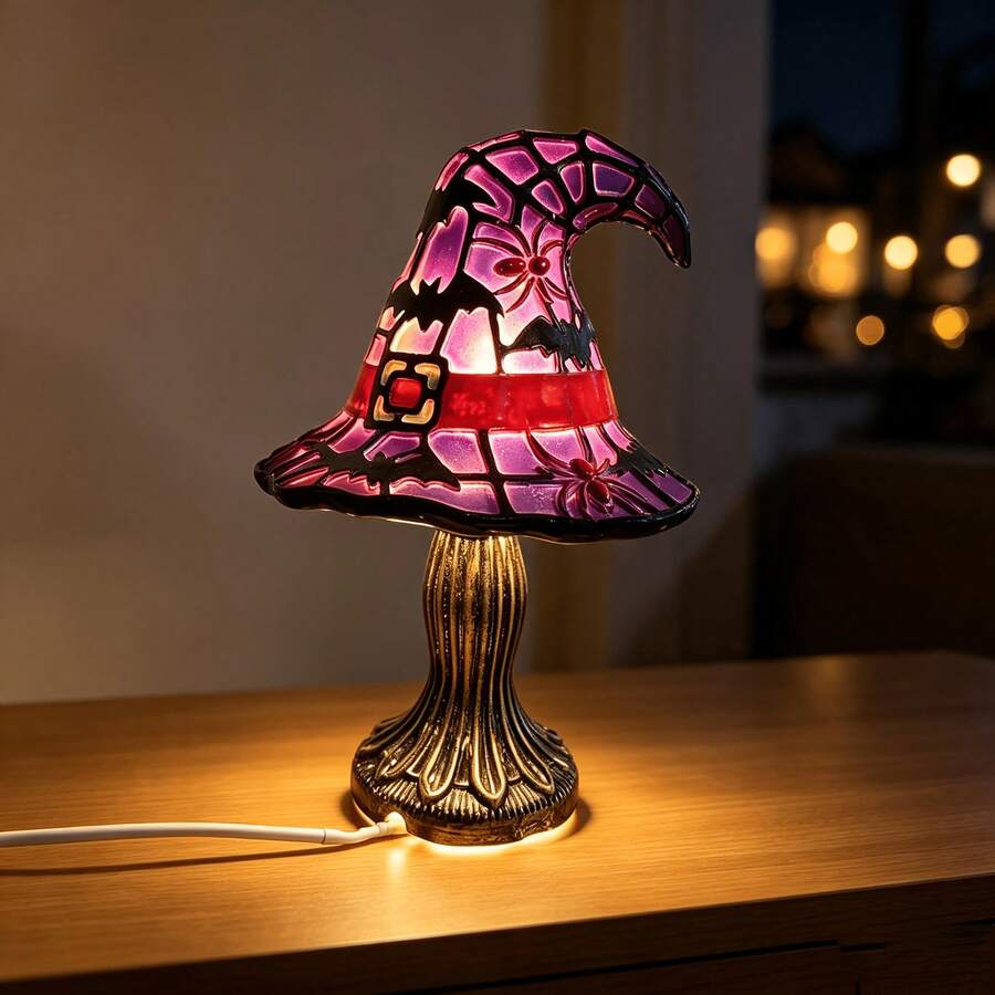1pc Halloween Witch Hat Table Lamp, USB Powered Bat And Spider Pattern Night Light, 3D Carved Gothic Style Home Office Decor, Atmospheric Party Light, Holiday Gift For Gothic Enthusiasts - Witch Hat - View 1