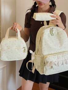 Dedoo 3pcs Backpack, Lunch Bag, Pencil Case Set, All-Over Floral Print, Waterproof Lace Trim Multi-Zipper Pockets, Large Capacity Storage, Suitable For Teenagers School Daily Use - Mint Green - View 7