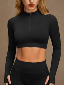 VVX Women Workout Crop Top Half Zip Up Mock Neck Long Sleeve Thumb Holes Yoga Shirt Slim Fit Solid Color Seamless Active Sports Gym Tops - Black - View 4