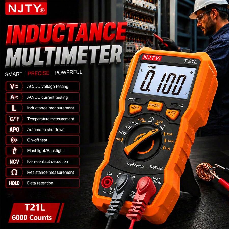 NJTY 6000 Counts True Digital Multimeter With Inductance Measurement, NCV Non-Contact Voltage Detection, Backlight Flashlight, Can Measure Voltage, Current, Resistance, Capacitance, Temperature, Frequency, Duty Cycle, Suitable For Circuit Repair