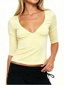 Women's Deep V Neck Tops Summer Middle Sleeve Solid Color T-Shirts - Yellow - View 2