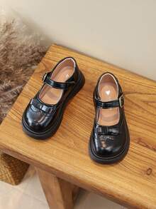 Girls' British Style Leather Shoes, T-Strap Buckle, Brogue Carved Design, Versatile Student Shoes For Spring And Autumn - Black - View 3