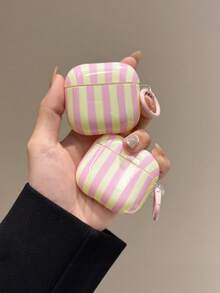 Casing Pelindung Earphone Bergaris Vertikal Pink & Kuning, Casing Pelindung Earphone Bergaris Lucu dengan Gantungan Kunci Carabiner, Aksesori Dekoratif Casing Pelindung Earphone Nirkabel Portabel yang Modis, Cocok untuk Wanita dan Anak Perempuan - MultiWarna - View 3