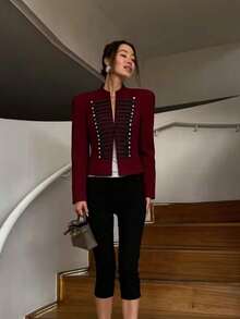 Autumn Winter New Fashion Court Style Coats Leisure Long Sleeve Jackets For Woman Elegant Double Breasted Burgundy Jackets Napoleon Style Jacket - Burgundy - View 9
