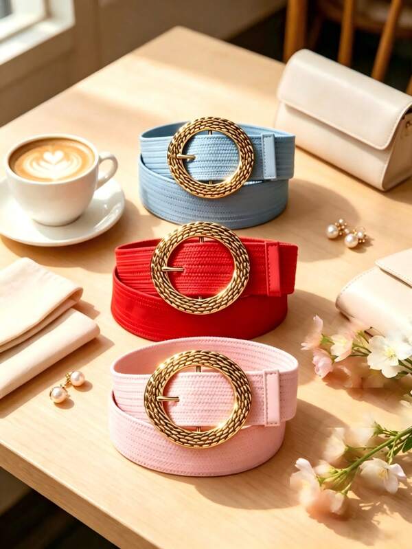 APLCSEY 3pcs 3-Color PP Woven Texture Wide Waist Belt For Women, Vintage Round Braided Metal Buckle, Summer Dress Jeans Versatile Waist-Cinching Belt