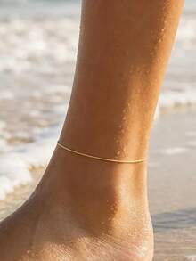 1 pieza Tobillera de cadena de serpiente redonda de acero inoxidable chapada en oro de 18K, resistente al agua, regalo de moda para mujer para viajes y playa, adecuada para uso diario y fiestas - Tobillera - Ver 2