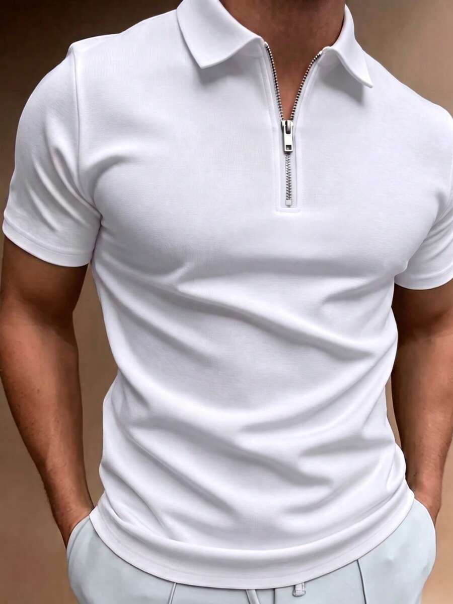 Men's Casual Solid Color Zipper Short Sleeve T-Shirt, Summer