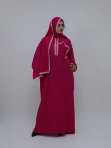 Women's Rose Red Long Sleeve Prayer Dress, Decorated With Applique, Tie Neckline, Woven Fabric - Rose Red - View 2