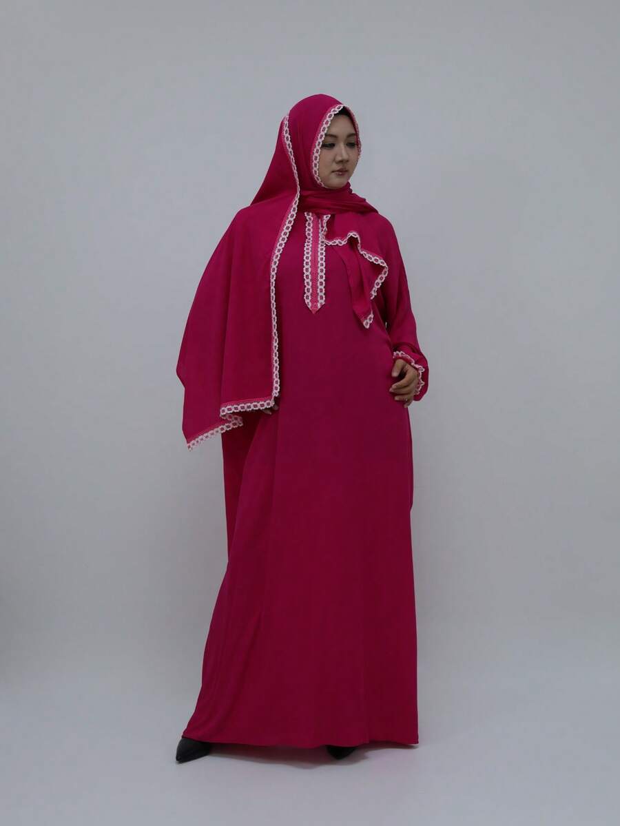 Women's Rose Red Long Sleeve Prayer Dress, Decorated With Applique, Tie Neckline, Woven Fabric