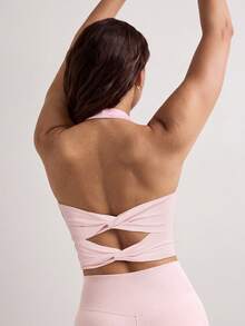 VUTRU 1 buah Bra Olahraga Wanita Model Halter Neck Berpilin Tanpa Punggung dengan Cup Tetap untuk Yoga dan Kebugaran Musim Gugur - Baby Pink - View 2