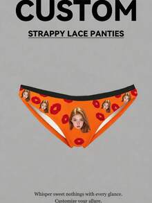 Custom Face Women Strappy Lace Panties, Personalized Photo Print Ladies Underwear, Red Lip Kiss Pattern Lace Briefs,Novelty Romantic Gag Gift For Her - Orange - View 4