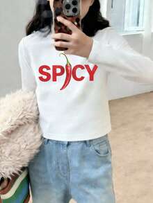 Girls' Base Shirt With Long Sleeves And White Top, Basic Pullover For Spring, Autumn And Winter, Short Style, Cartoon Floral Print Casual Daily Wear - White - View 3
