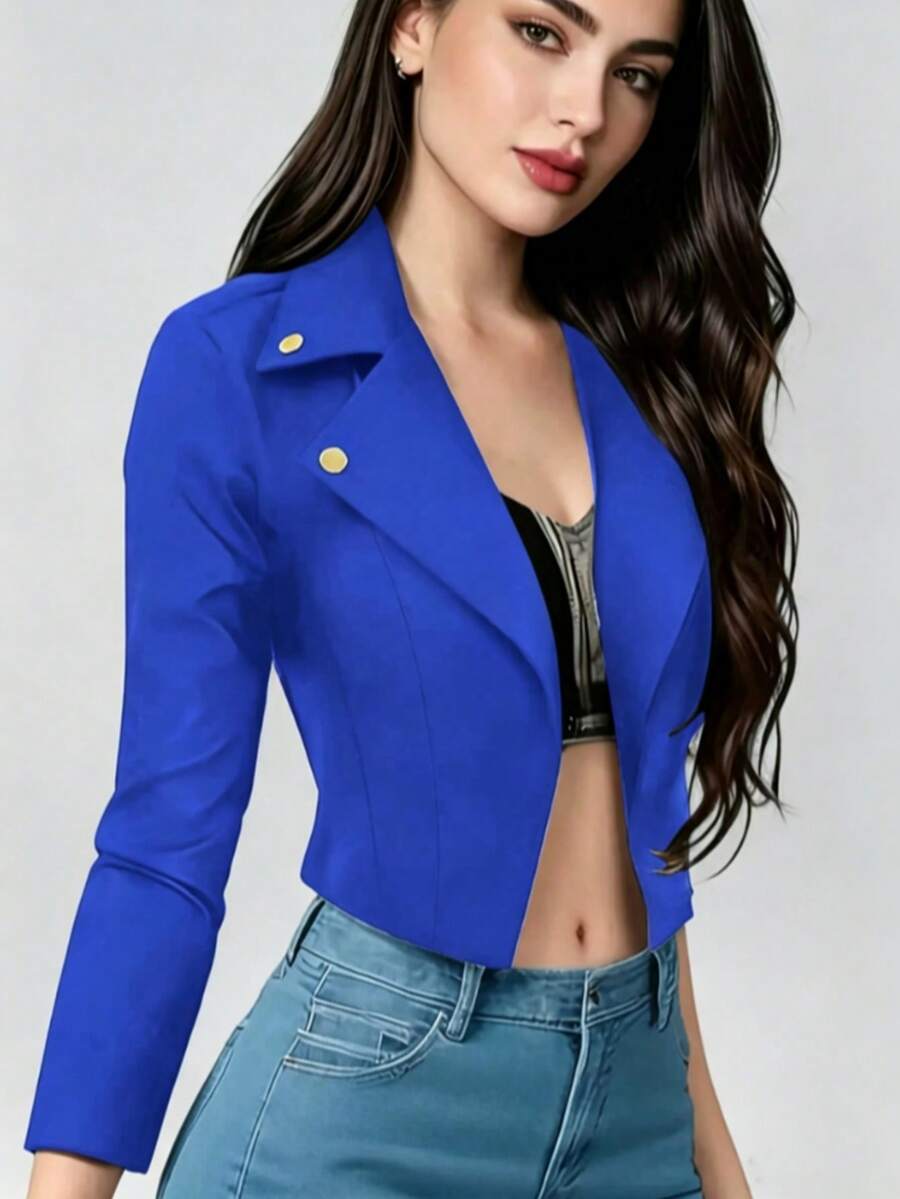 1pc Women's Elegant Fashionable Commute Short Knit Blazer Jacket With Lapel, Long Sleeve, Open Front And Button Details Fall - Blue - View 1