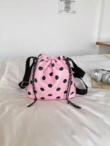 1pc Nylon Solid Color Drawstring Bucket Bag With Plush Pendant Accessory, Fashion Crossbody Shoulder Bag For Women - Pink - View 10