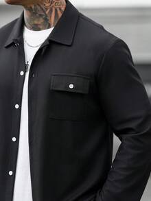Men's Casual Solid Color Single-Breasted Long Sleeve Shirt And Pants Set - Black - View 5