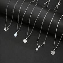 Fashionable Minimalist Fresh Butterfly Shell Oval Pearl Small Round Women's Pendant 5-Piece Set, Daily Casual, Party, Versatile, Can Be Layered Or Worn Individually - Silver - View 3