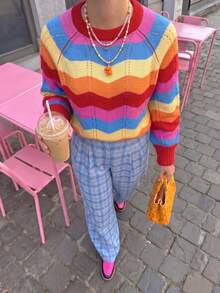 Women's Colorful Striped Knit Sweater, Short Sleeve, Medium Stretch, Regular Length, Pullover, Suitable For Spring, Bohemian Style Casual - Multicolor - View 4