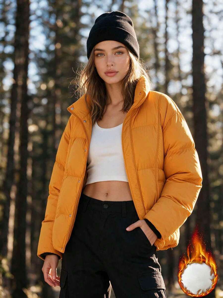 Ladies Solid Color Cropped Quilted Padded Coat Stand Collar Zip Front Short Padded Jacket Street Style Winter Outerwear - Orange - View 1