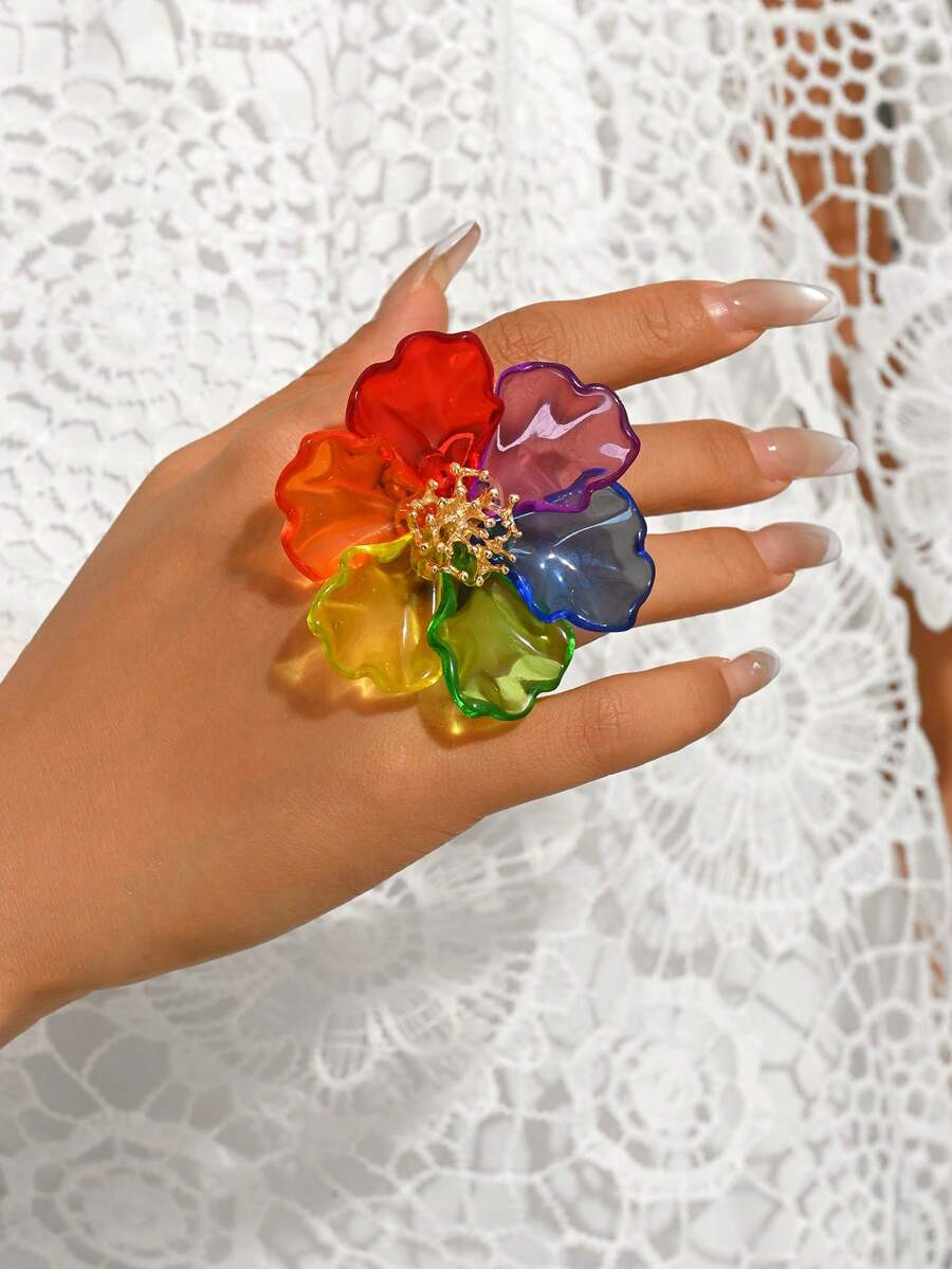1pc Glamorous Geometric 3D Flower Ring For Women (Random Petal Color) - Multicolor - View 1