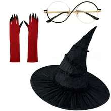 Halloween Evil Witch Costume Set, Witch Hat, Witch Glasses, Witch Gloves 3 Pieces Set - Monochrome - View 4