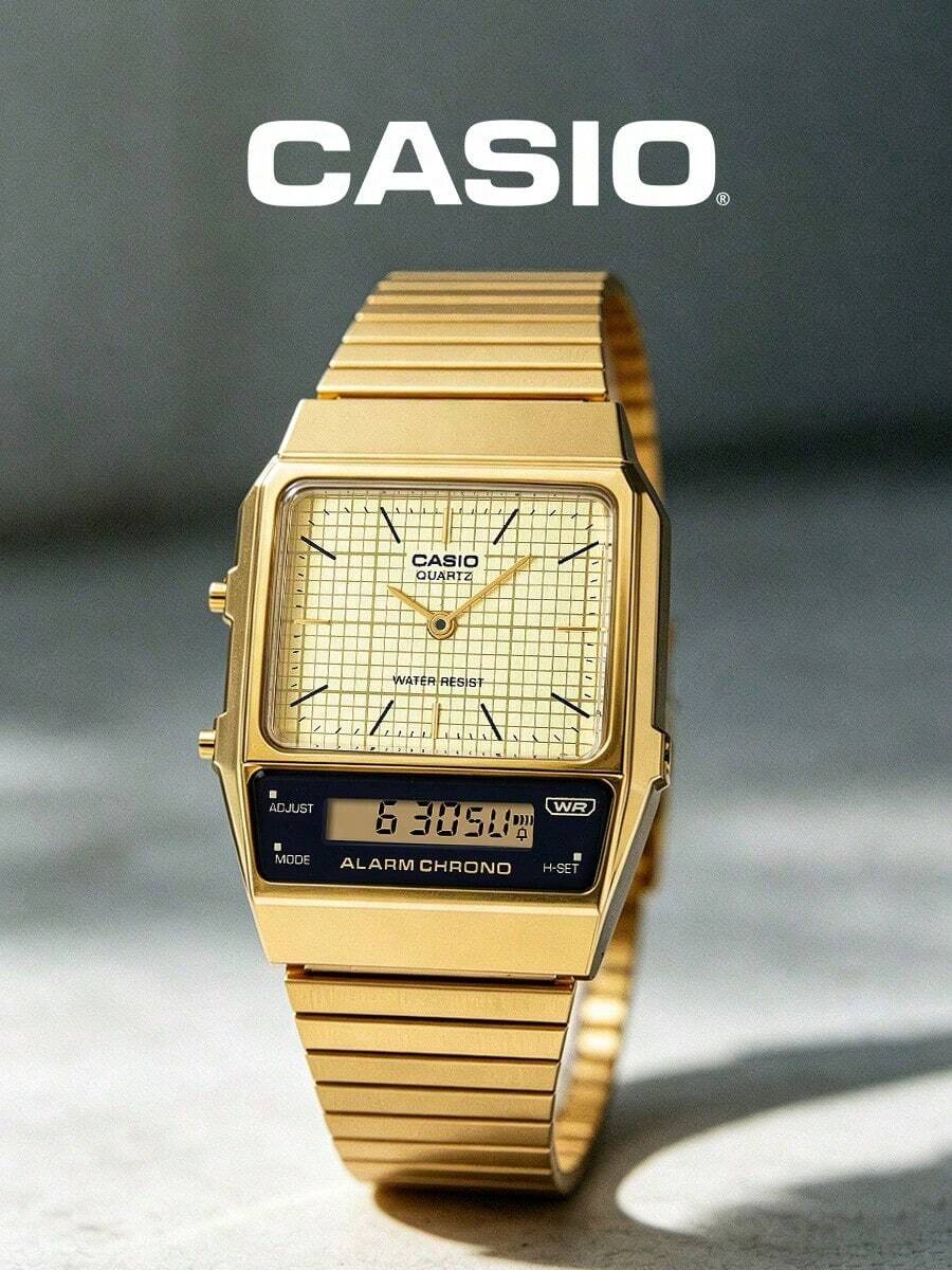 CASIO Vintage Gold Square Outdoor Sports Dual Display Watch Collection, Retro Metal Steel Band Square Watch, Solar Powered Waterproof Multi-Function Outdoor Sports Electronic Watch - one-size - View 1