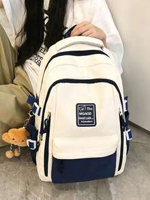 Colorblock Large Capacity Ergonomic Student Backpack, Minimalist Academic Style, Suitable For Back To School Daily Commute, Laptop Bag, Travel, Nylon - Blue - View 5