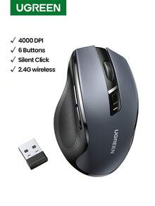 UGREEN Wireless Mouse Ergonomic 6 Silent Mute Buttons, 2.4G Wireless With USB Mini Receiver, 5 Level DPI Setting 4000DPI For PC/Mac/Linux Laptop - Dark Grey - View 2