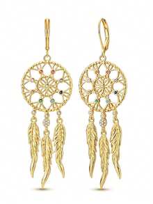 1 Pair Women's Hoop Earrings, 18K Gold Plated Dreamcatcher Feather Earrings, 925 Sterling Silver Inlaid With Colorful Cubic Zirconia, Elegant Jewelry Gift - Gold - View 8