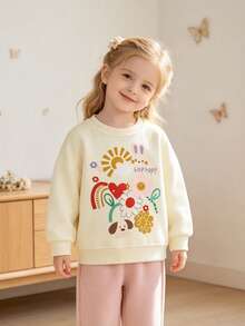 Girls Round Neck Long Sleeve Sweatshirt Rabbit Puppy Rainbow Flower Sun Print Loose Casual Pullover Sweatshirt For Toddlers And Young Children - Apricot - View 1
