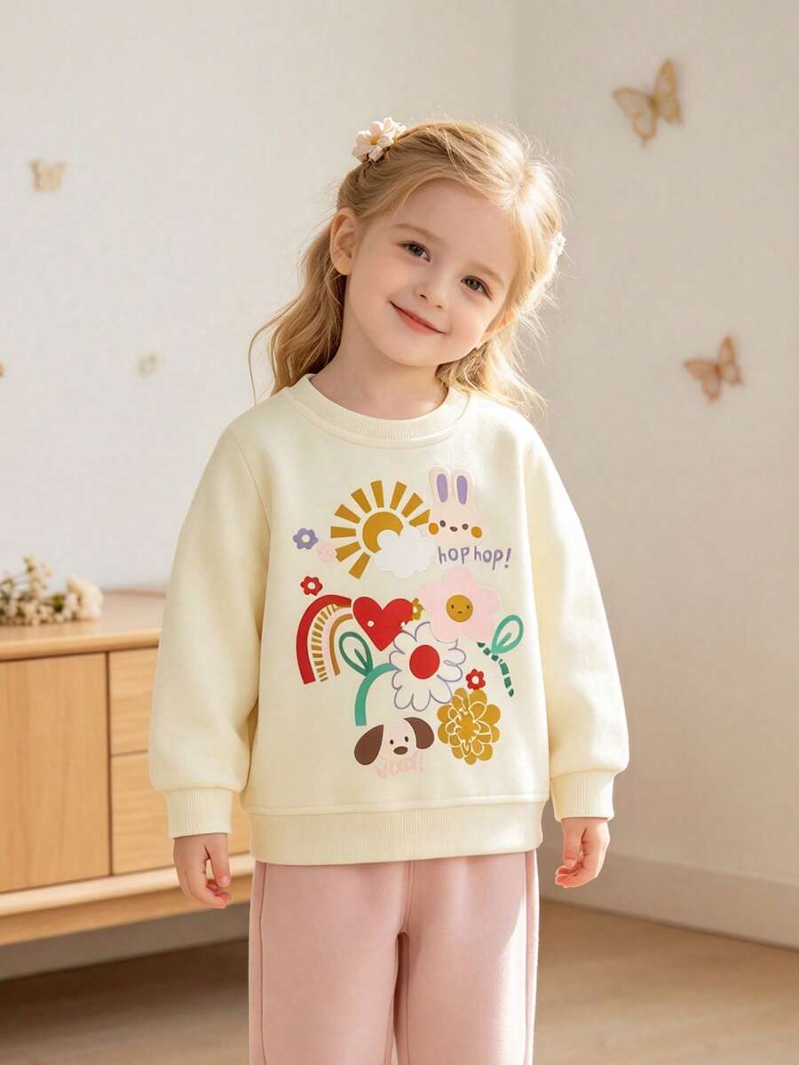Girls Round Neck Long Sleeve Sweatshirt Rabbit Puppy Rainbow Flower Sun Print Loose Casual Pullover Sweatshirt For Toddlers And Young Children - Apricot - View 1