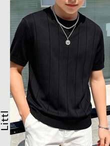 Boys' Teen Student Casual Solid Color Crew Neck Pullover Ribbed Knit Short Sleeve T-Shirt Spring Summer Top - Black - View 8