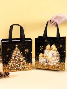 4/8pcs Black & Gold Christmas Gift Bags, Snowman Glitter Non-Woven Fabric Gift Packaging Bags, Holiday New Year Party Supplies, 2026 Home Christmas Decor - Multicolor - View 2