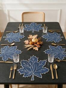 12pcs Thanksgiving Blue Maple Leaf Polyester Embroidered Placemats, Washable Tabletop Decor Pads, Waterproof And Oil-Resistant Table Mats, Table Protector Pads, Wear-Resistant And Non-Slip Table Mats, Easy To Store And Odorless, Suitable For Restaurants, Homestays, Festivals, Parties, Gatherings, Dinners - Multicolor - View 6