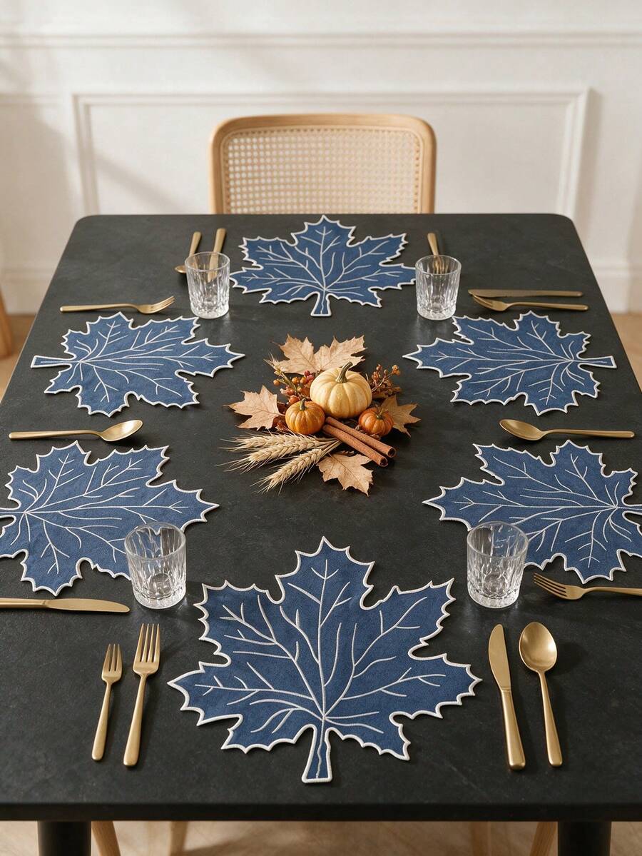 12pcs Thanksgiving Blue Maple Leaf Polyester Embroidered Placemats, Washable Tabletop Decor Pads, Waterproof And Oil-Resistant Table Mats, Table Protector Pads, Wear-Resistant And Non-Slip Table Mats, Easy To Store And Odorless, Suitable For Restaurants, Homestays, Festivals, Parties, Gatherings, Dinners - Multicolor - View 1