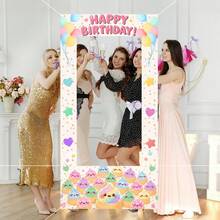 1pc Cute Dumpling Cartoon Pattern Happy Birthday Backdrop, Pink Photo Booth Frame Background, Birthday Party Supplies, Room Decor, Outdoor Decor, Suitable For Birthday Party Selfie Photo Background Decoration - Multicolor - View 1