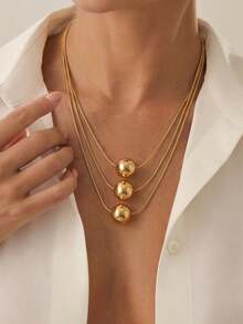 1pc Fashionable Exquisite 3-Layer Flat Snake Chain Ball Layered Collarbone Necklace, Suitable For Women's Daily Wear, Holiday Gift And Birthday Gift - Golden - Round Snake Chain - View 3