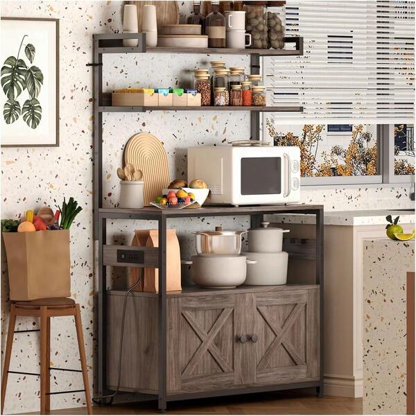 Alacenas para Cocina, 5 Niveles con Regleta y Puerta, Gris| Mueble en Hierro y Madera con 4 Ganchos y Regleta Integrada.Su Sistema Antivuelco y Patas Ajustables Brindan .