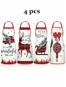 4pcs Christmas Buffalo Plaid Pattern Apron Set, Red Black Check Truck Reindeer Sleigh Print Kitchen Cooking Baking Aprons For Holiday Party Home Decoration - Multicolor - View 14
