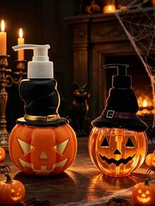 1pc Halloween Pumpkin Shaped Dispenser Bottle 350ml Jack-O'-Lantern With Witch Hat Design, Shampoo Body Wash Hand Soap Universal Storage Empty Bottle, Halloween Bathroom Decor Gift Container, Halloween Gift, Refillable - Orange - View 6
