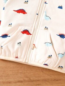 Baby Boy Cute Dinosaur Print Fleece Jacket, Comfortable Warm Casual Outdoor Playwear - Apricot - View 4